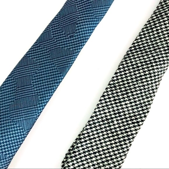 New! WRK 2 Neck Tie Bundle Silk Wool Blue Black White Houndstooth Plaid - Picture 1 of 7